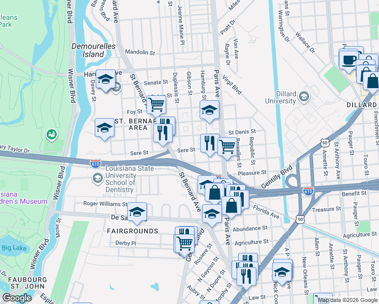 map of restaurants, bars, coffee shops, grocery stores, and more near 1465 Sere Street in New Orleans
