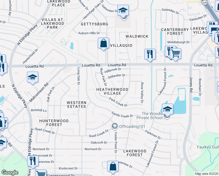 map of restaurants, bars, coffee shops, grocery stores, and more near 15031 Hiddenwood Drive in Houston