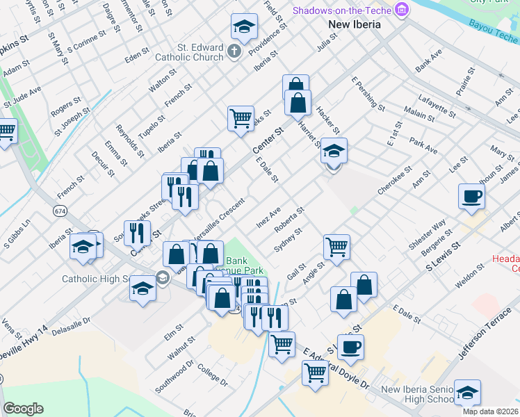 map of restaurants, bars, coffee shops, grocery stores, and more near 907 Bank Avenue in New Iberia