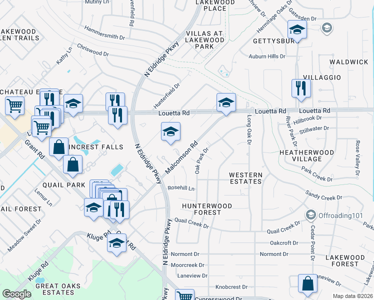 map of restaurants, bars, coffee shops, grocery stores, and more near 12510 Malcomson Road in Houston