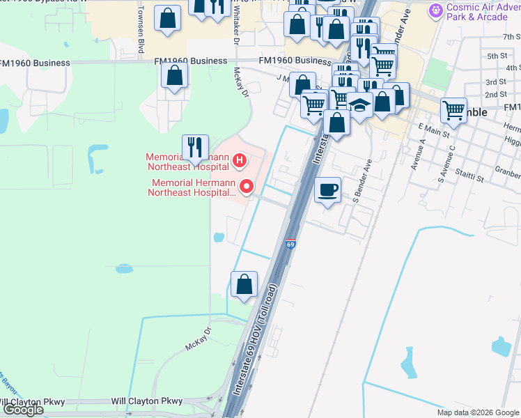 map of restaurants, bars, coffee shops, grocery stores, and more near 9816 Memorial Boulevard in Humble