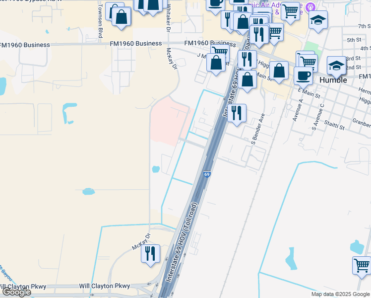 map of restaurants, bars, coffee shops, grocery stores, and more near 9816 Memorial Boulevard in Humble