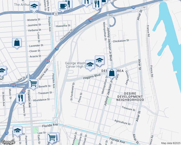 map of restaurants, bars, coffee shops, grocery stores, and more near 3019 Higgins Boulevard in New Orleans