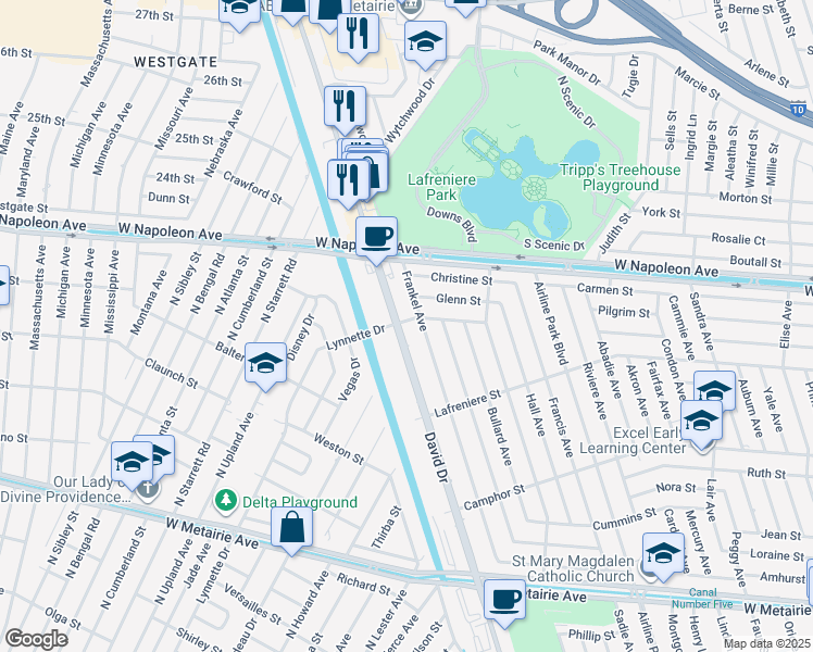 map of restaurants, bars, coffee shops, grocery stores, and more near 2000 Frankel Avenue in Metairie
