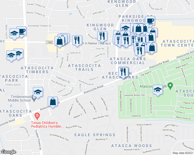 map of restaurants, bars, coffee shops, grocery stores, and more near 6007 Culross Close Street in Humble