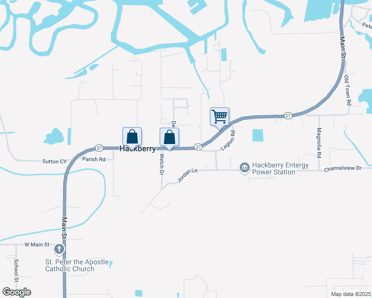 map of restaurants, bars, coffee shops, grocery stores, and more near Main Street in Hackberry