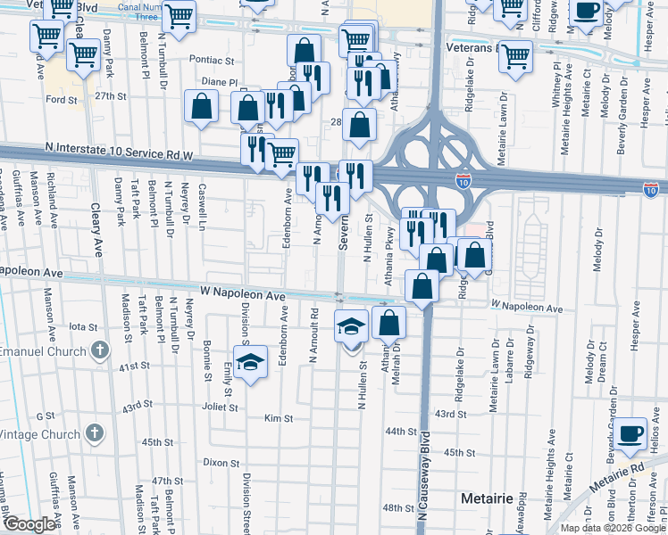 map of restaurants, bars, coffee shops, grocery stores, and more near 2200 Severn Avenue in Metairie