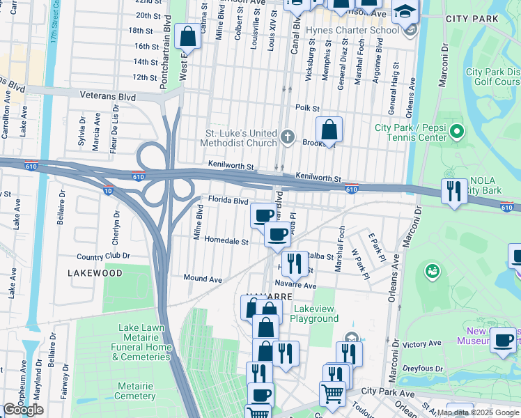 map of restaurants, bars, coffee shops, grocery stores, and more near in New Orleans