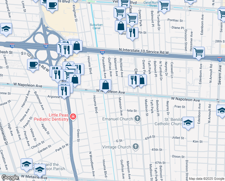 map of restaurants, bars, coffee shops, grocery stores, and more near 2137 Pasadena Avenue in Metairie