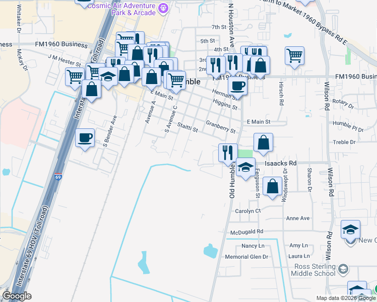 map of restaurants, bars, coffee shops, grocery stores, and more near 416 South Avenue East in Humble