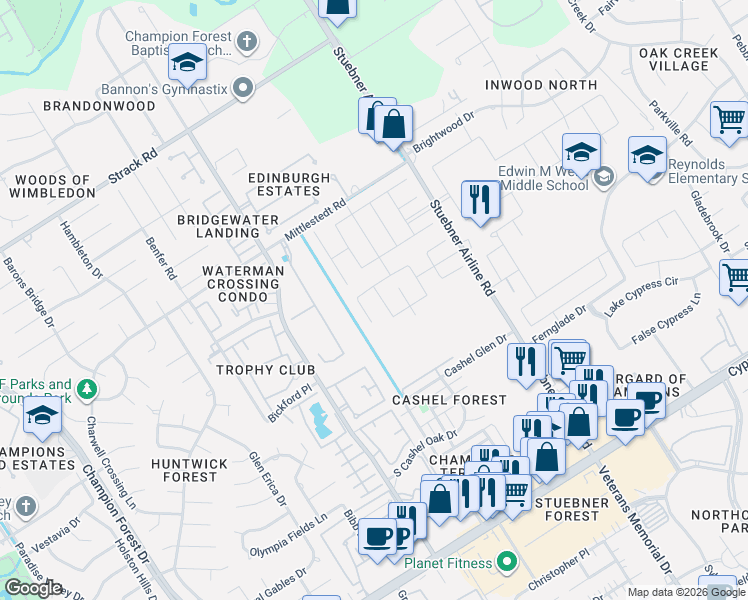 map of restaurants, bars, coffee shops, grocery stores, and more near 14535 Maple Field Drive in Houston