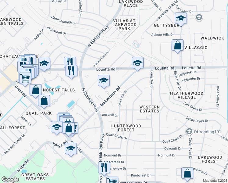 map of restaurants, bars, coffee shops, grocery stores, and more near 12510 Malcomson Road in Houston