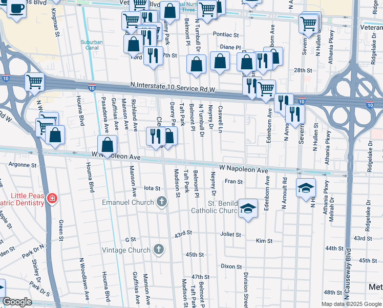 map of restaurants, bars, coffee shops, grocery stores, and more near 2108 Belmont Place in Metairie