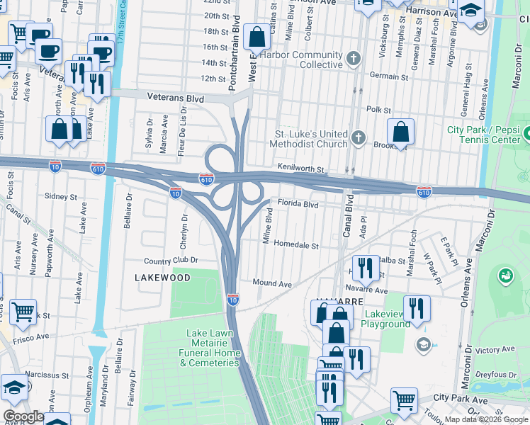 map of restaurants, bars, coffee shops, grocery stores, and more near 5645 Milne Boulevard in New Orleans