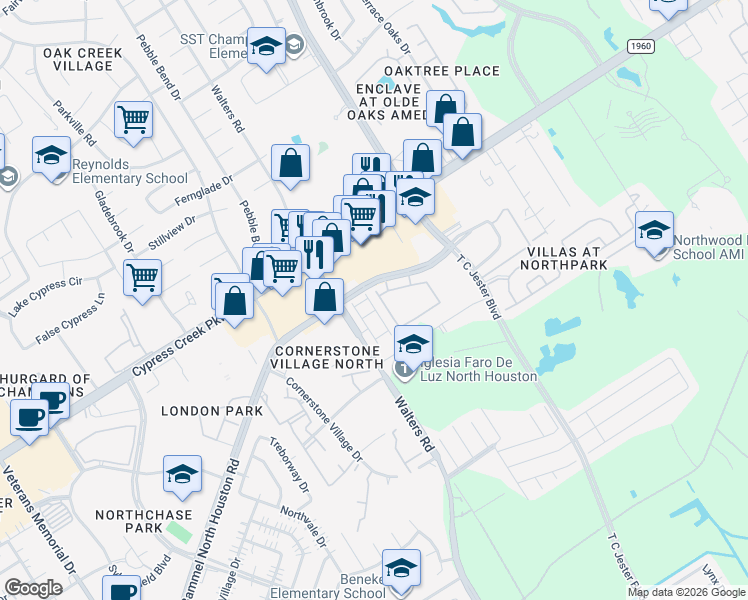 map of restaurants, bars, coffee shops, grocery stores, and more near 14420 Walters Road in Houston