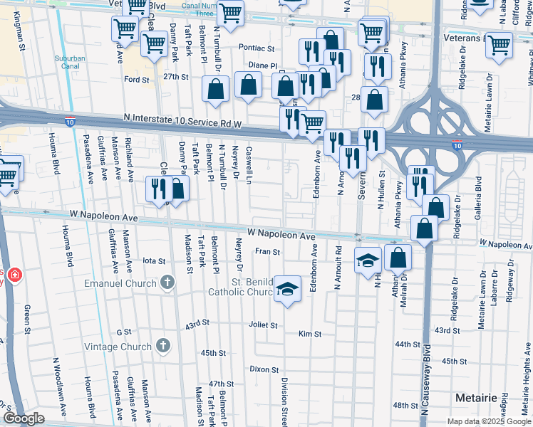map of restaurants, bars, coffee shops, grocery stores, and more near 3709 Canterbury Lane in Metairie