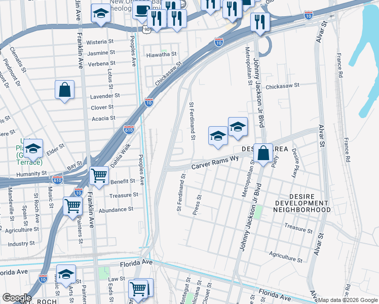 map of restaurants, bars, coffee shops, grocery stores, and more near 2757 Edna Street in New Orleans