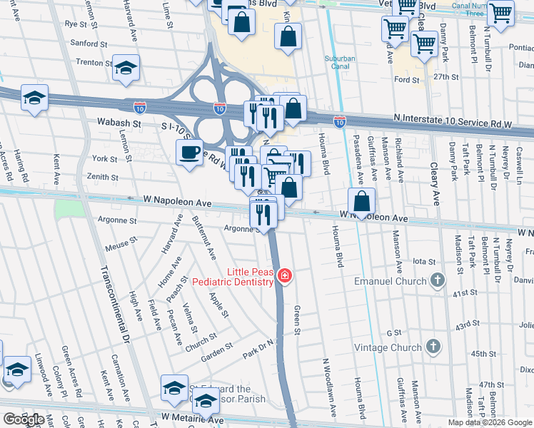 map of restaurants, bars, coffee shops, grocery stores, and more near in Metairie