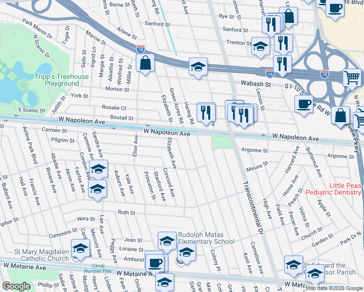 map of restaurants, bars, coffee shops, grocery stores, and more near 2117 Green Acres Road in Metairie