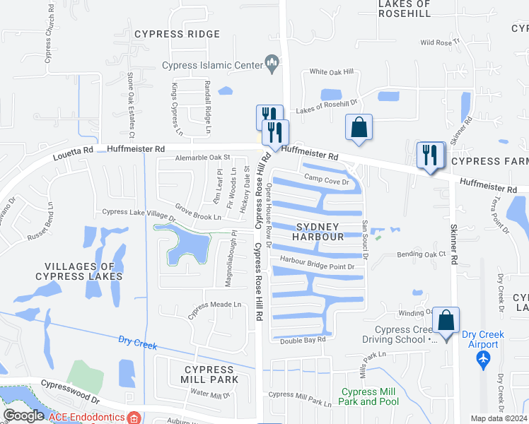 map of restaurants, bars, coffee shops, grocery stores, and more near 15403 Opera House Row Drive in Cypress