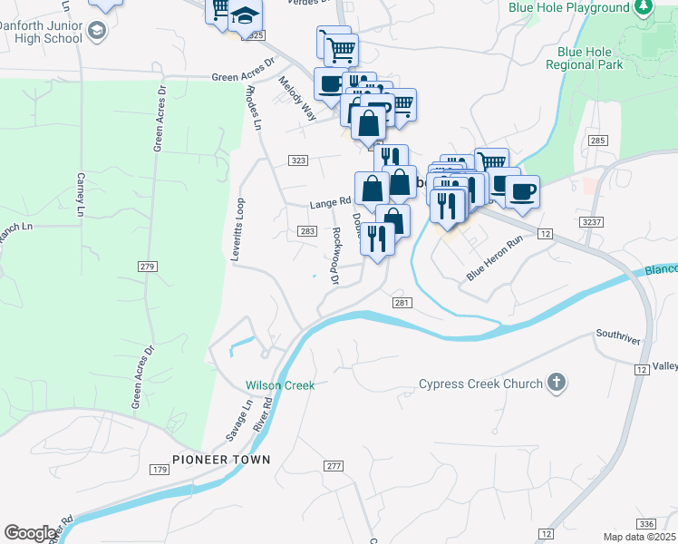 map of restaurants, bars, coffee shops, grocery stores, and more near 241 Glenwood Drive in Wimberley
