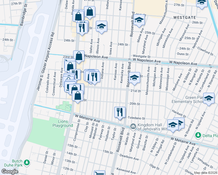 map of restaurants, bars, coffee shops, grocery stores, and more near 2105 Iowa Avenue in Kenner