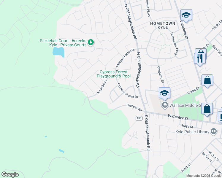 map of restaurants, bars, coffee shops, grocery stores, and more near 205 Clearwater Way in Kyle
