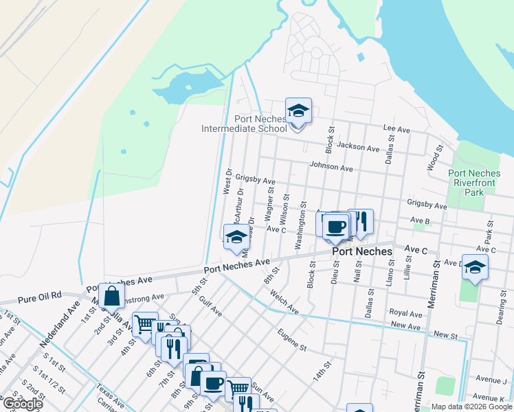 map of restaurants, bars, coffee shops, grocery stores, and more near 1101 Montrose Drive in Port Neches
