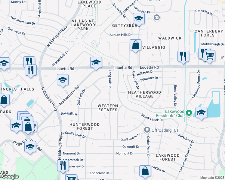 map of restaurants, bars, coffee shops, grocery stores, and more near 15114 Long Oak Drive in Houston