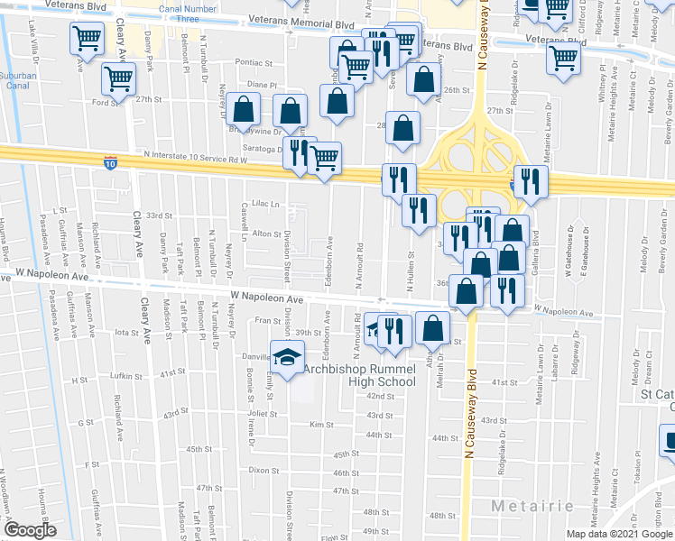 map of restaurants, bars, coffee shops, grocery stores, and more near 2217 Edenborn Avenue in Metairie
