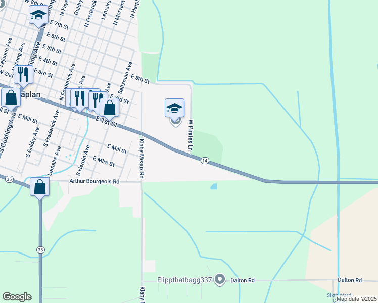 map of restaurants, bars, coffee shops, grocery stores, and more near 101-1099 West Pirates Lane in Kaplan