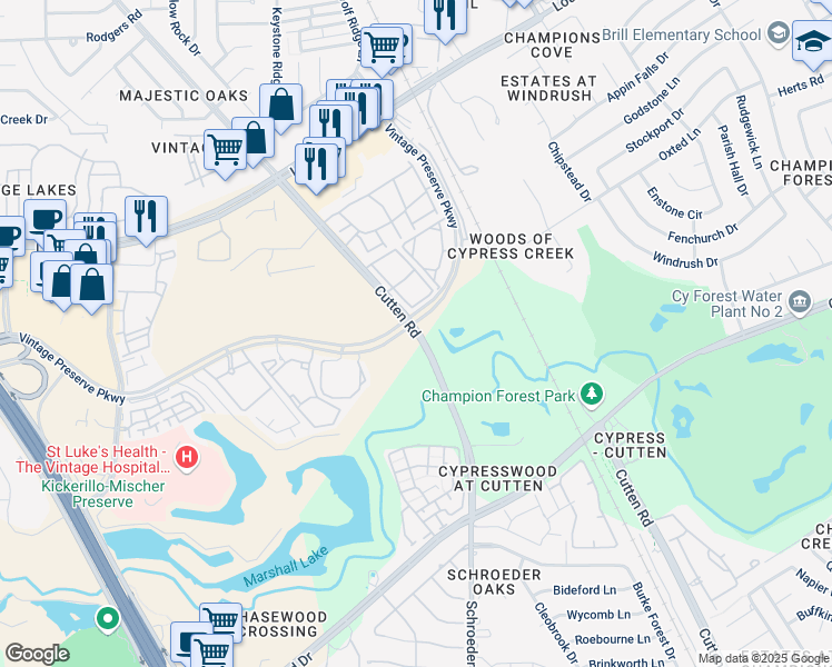 map of restaurants, bars, coffee shops, grocery stores, and more near 15305 Cutten Road in Houston