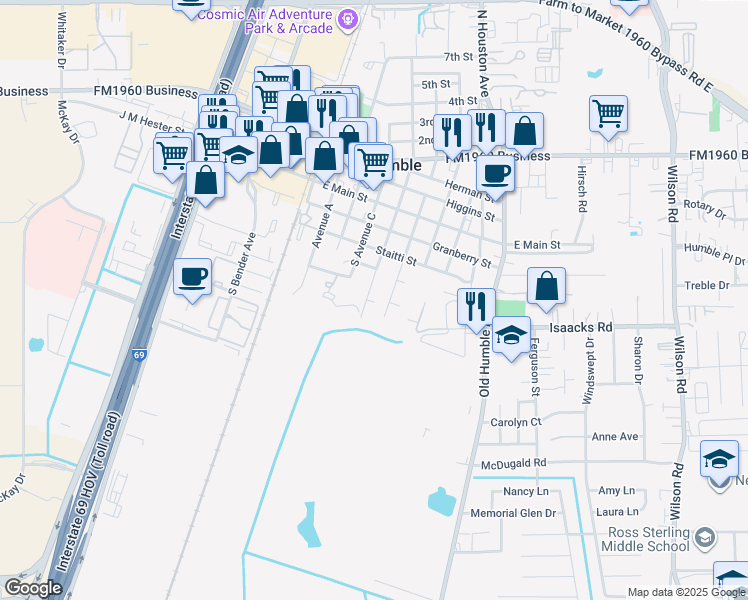 map of restaurants, bars, coffee shops, grocery stores, and more near 522 South Avenue D in Humble