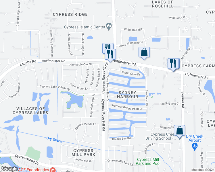 map of restaurants, bars, coffee shops, grocery stores, and more near 15405 Opera House Row Drive in Cypress