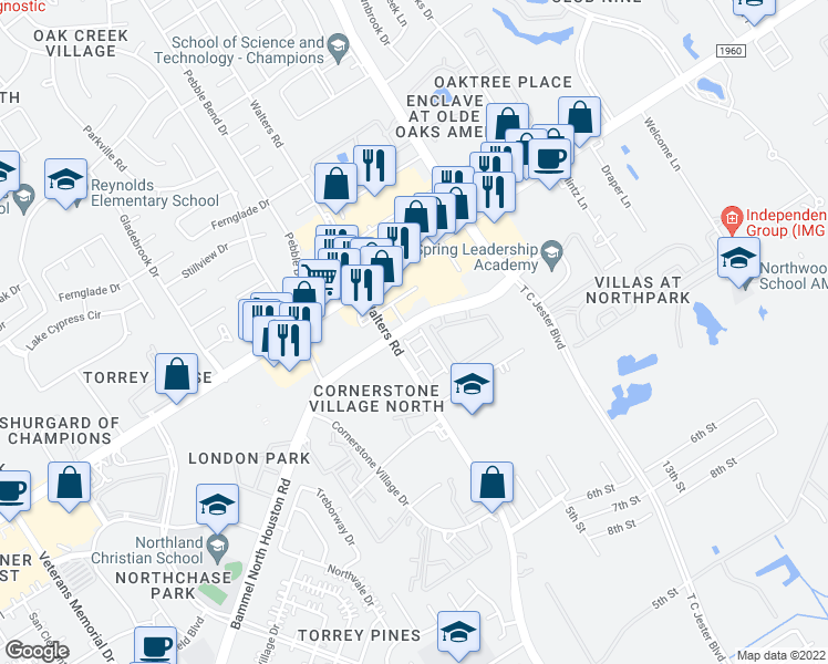 map of restaurants, bars, coffee shops, grocery stores, and more near 14420 Walters Road in Houston