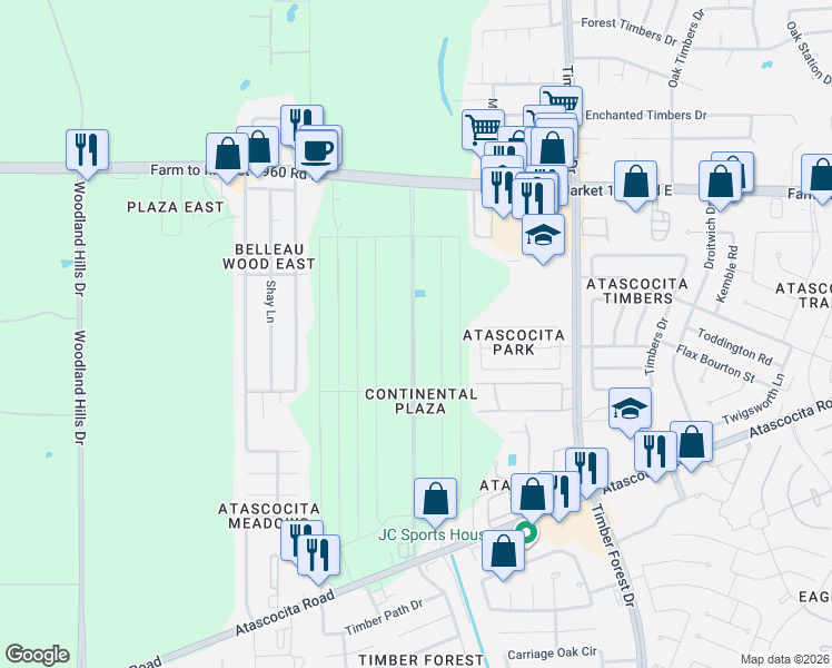 map of restaurants, bars, coffee shops, grocery stores, and more near 18811 Pacific Drive in Humble