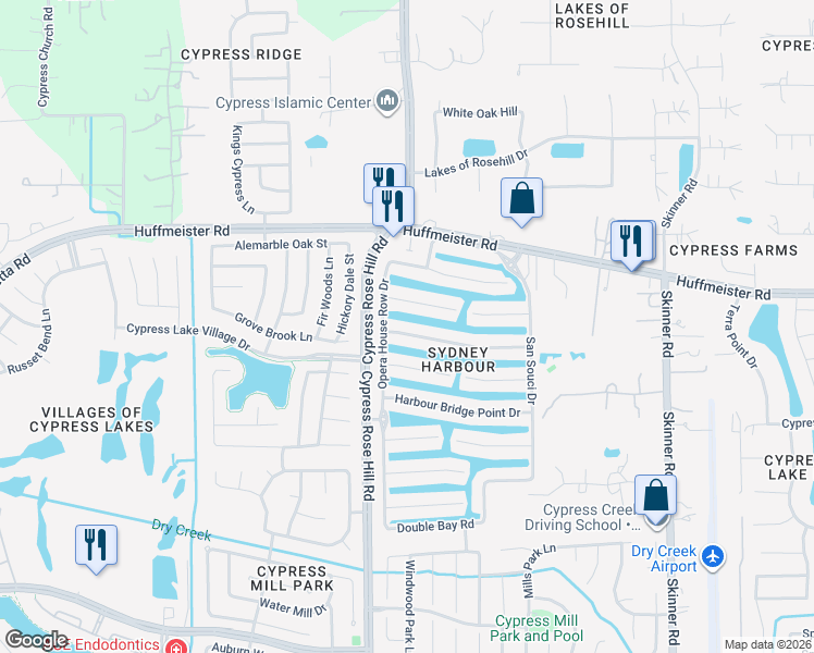 map of restaurants, bars, coffee shops, grocery stores, and more near 18134 Obelisk Bay Drive in Cypress