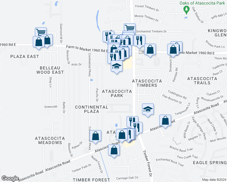 map of restaurants, bars, coffee shops, grocery stores, and more near 5222 Hill Timbers Drive in Humble