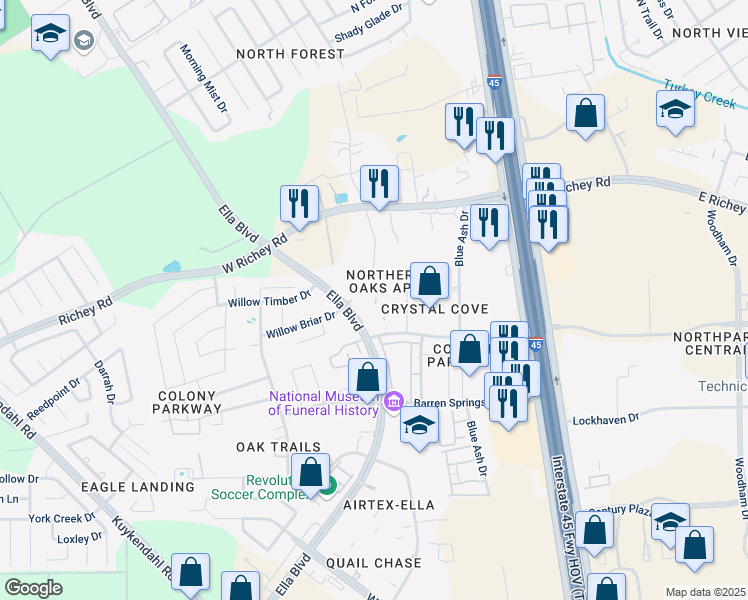 map of restaurants, bars, coffee shops, grocery stores, and more near 15530 Ella Boulevard in Houston