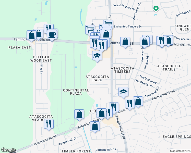 map of restaurants, bars, coffee shops, grocery stores, and more near 5226 Hill Timbers Drive in Humble