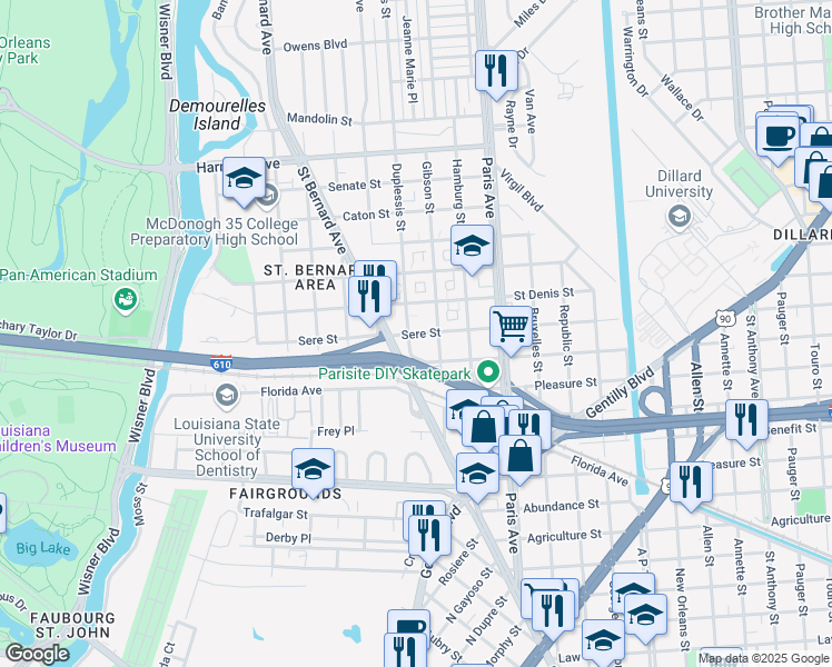 map of restaurants, bars, coffee shops, grocery stores, and more near 1463 Sere Street in New Orleans