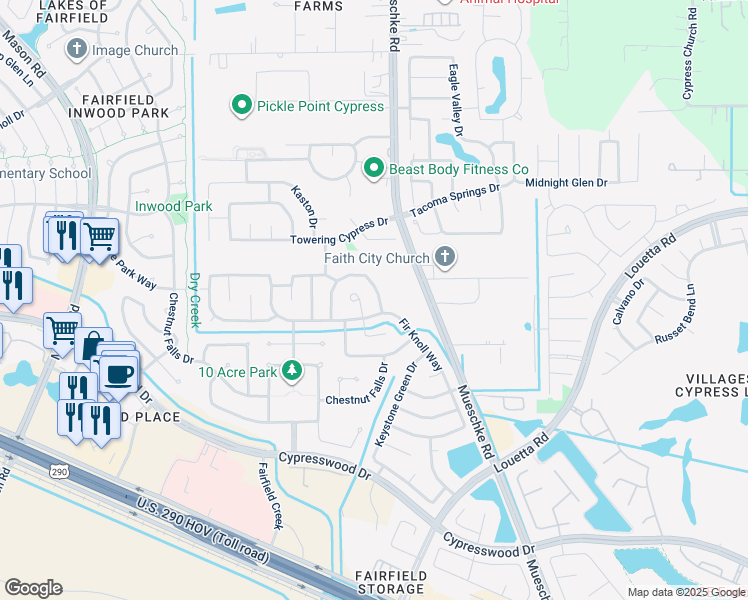 map of restaurants, bars, coffee shops, grocery stores, and more near 14919 Hope Hills Lane in Cypress