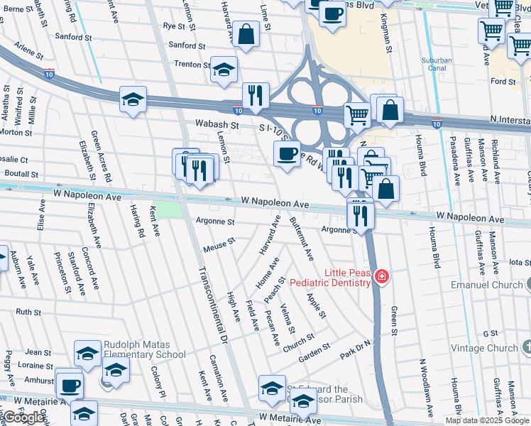 map of restaurants, bars, coffee shops, grocery stores, and more near 4812 West Napoleon Avenue in Metairie