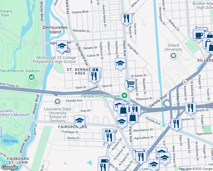 map of restaurants, bars, coffee shops, grocery stores, and more near 1467 Sere Street in New Orleans