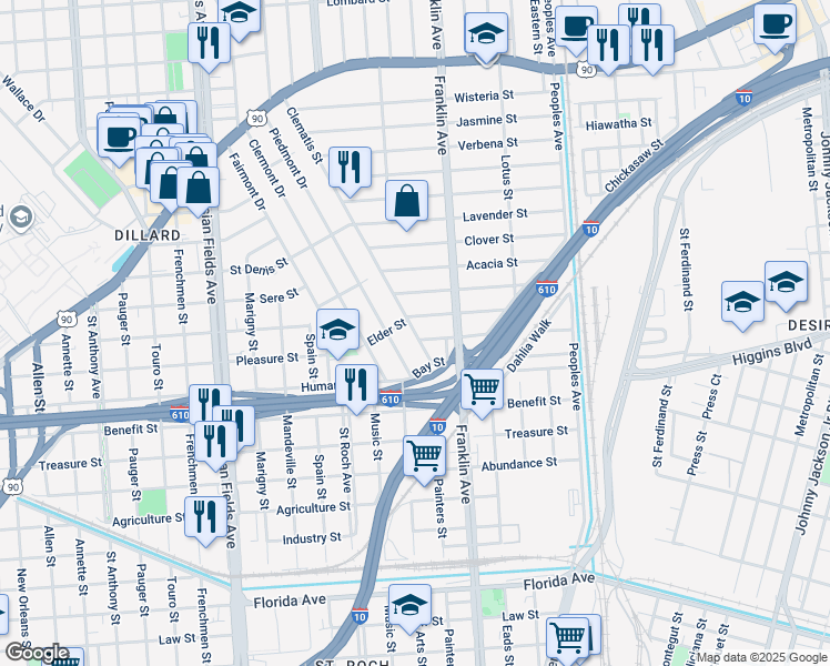 map of restaurants, bars, coffee shops, grocery stores, and more near 3409 Clematis Street in New Orleans