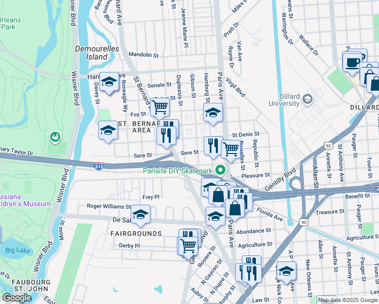 map of restaurants, bars, coffee shops, grocery stores, and more near 1471 Sere Street in New Orleans