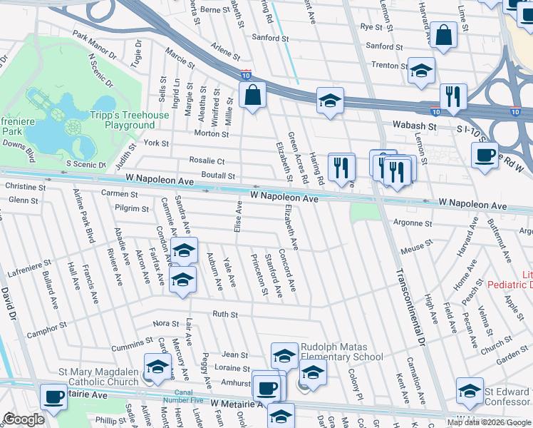 map of restaurants, bars, coffee shops, grocery stores, and more near 5721 Bridget Street in Metairie