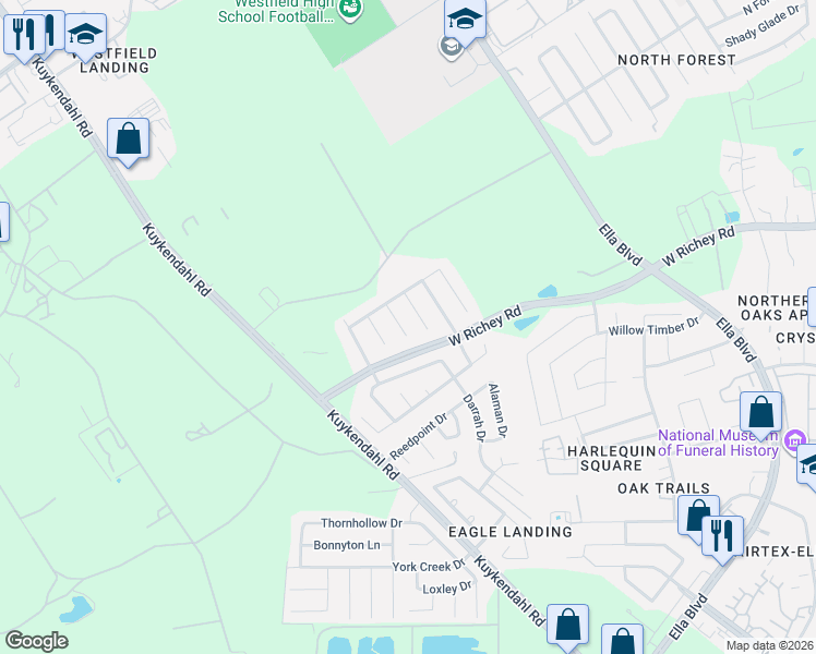 map of restaurants, bars, coffee shops, grocery stores, and more near 14510 Gable Mountain Circle in Houston