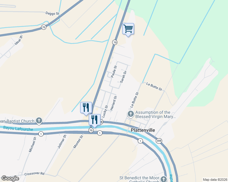 map of restaurants, bars, coffee shops, grocery stores, and more near 102 Paula Street in Plattenville