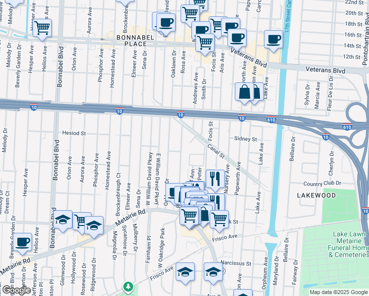 map of restaurants, bars, coffee shops, grocery stores, and more near 413 Rosa Avenue in Metairie